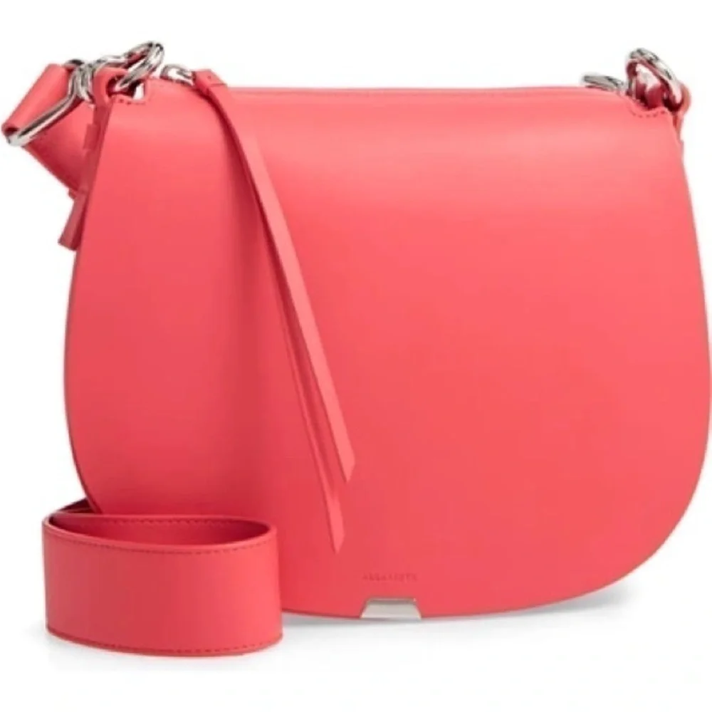 New RARE ALLSAINTS Captain Round Leather Crossbody Bag Coral Pink Pebbled